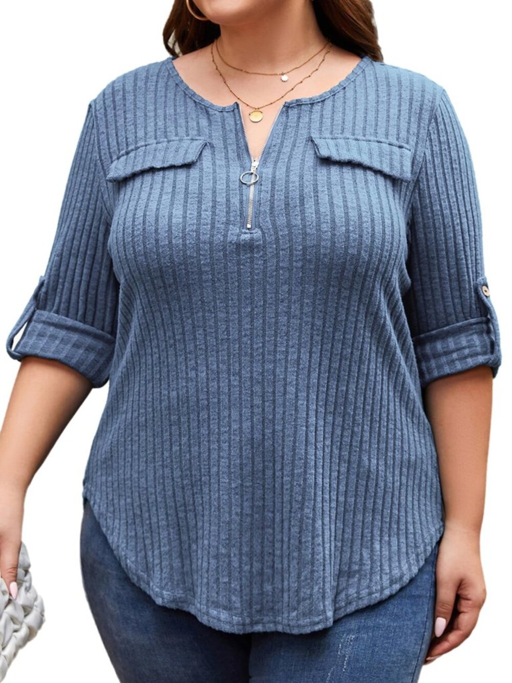 Hithymo Plus Size Tunic, Long Sleeve Zipper Sweater